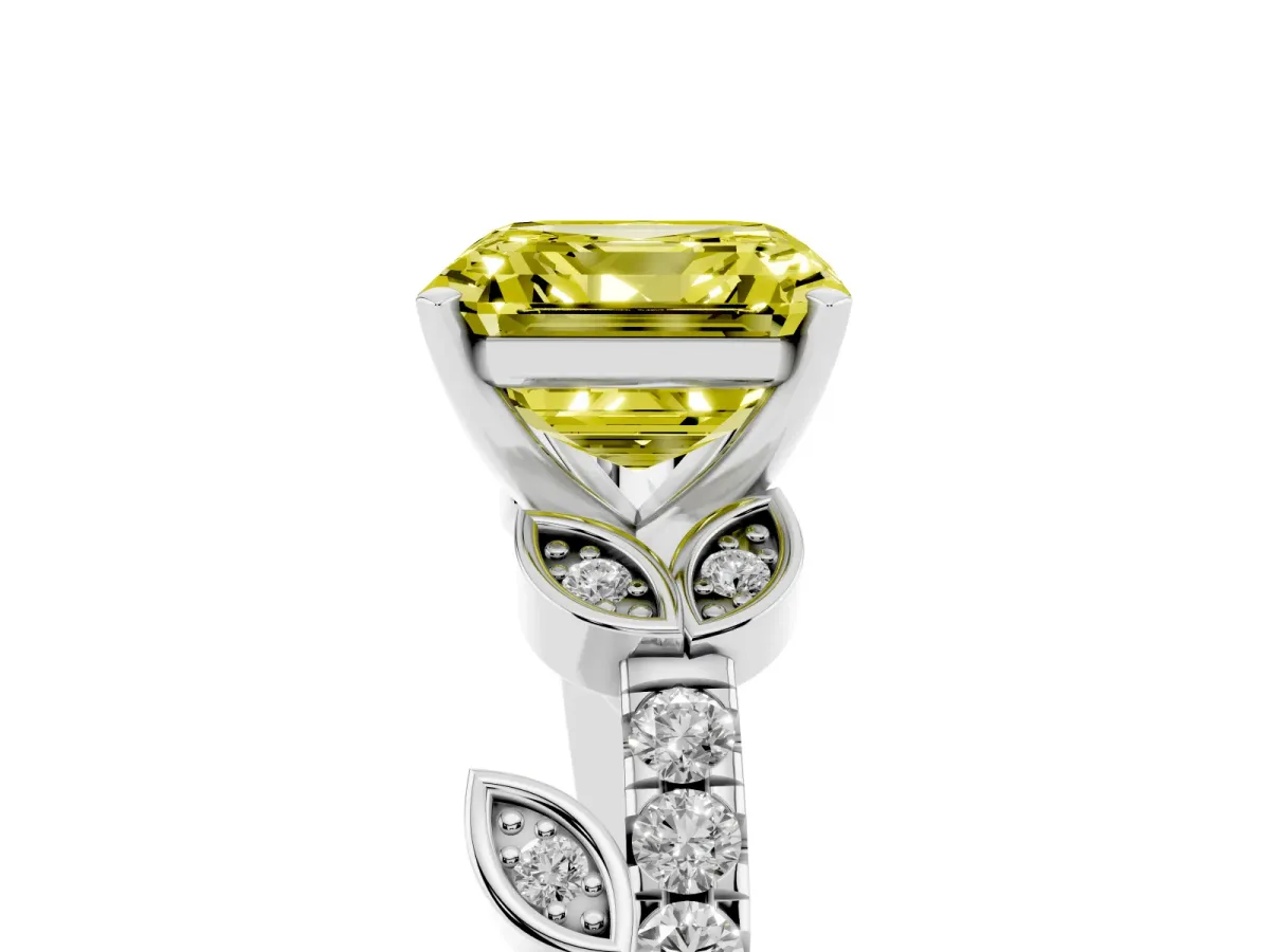Fancy Yellow Asscher Cut Solitaire Leaf-Inspired Diamond Ring with Pavé Band and Four-Prong Setting White gold