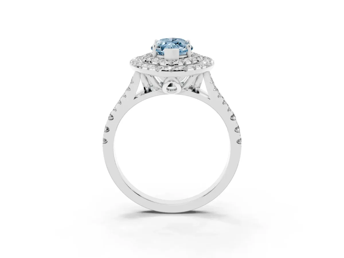 Fancy Blue Double Halo Marquise Cut Diamond Pavé Split Shank Ring with Prong Setting Platinum