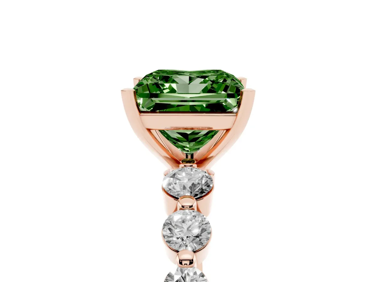 Fancy Green Princess Cut Solitaire Diamond Ring with Pave Band and Four-Prong Setting Rose gold