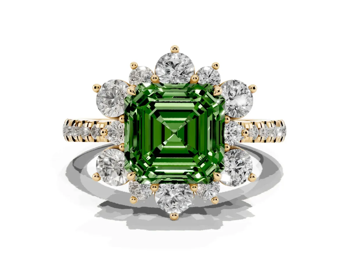 Fancy Green Asscher Cut Diamond Floral Halo Ring with Round Pavé Band and Prong Setting Yellow gold