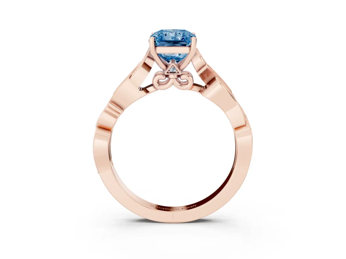 Fancy Blue Radiant Cut Solitaire Vine Band with Milgrain Prong Setting Rose gold