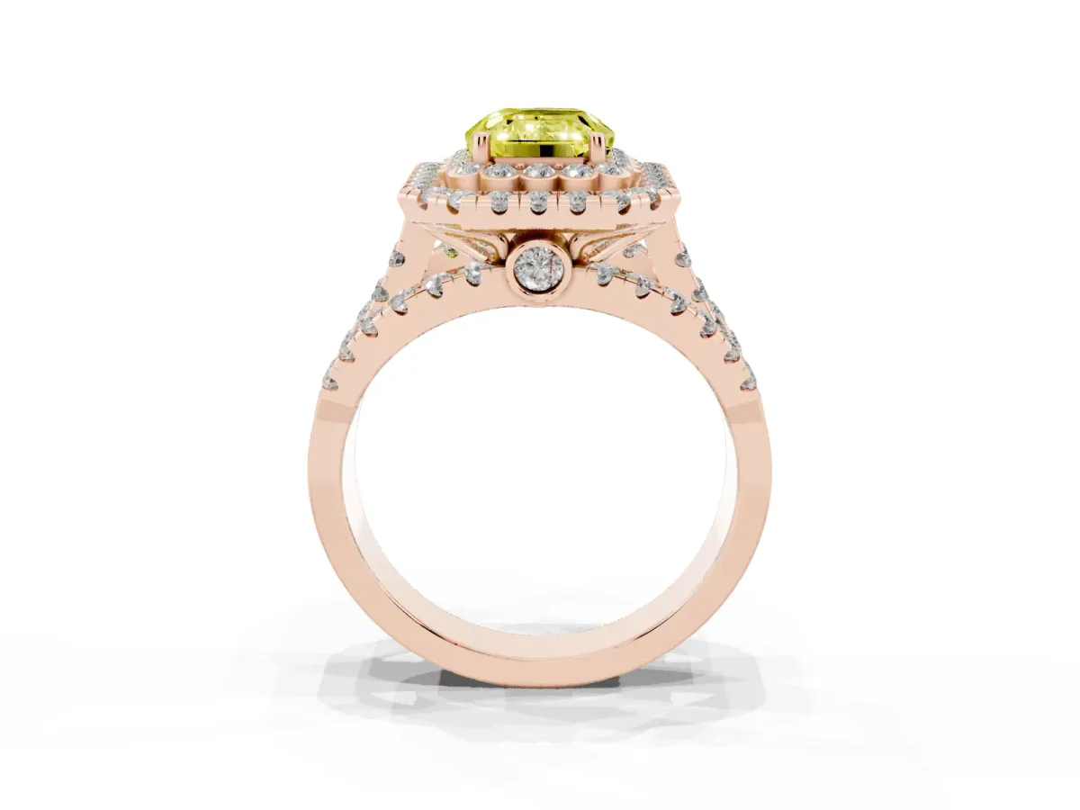 Fancy Yellow Emerald Cut Diamond Double Halo Ring with Round Pavé Split Shank and Prong Setting Rose gold