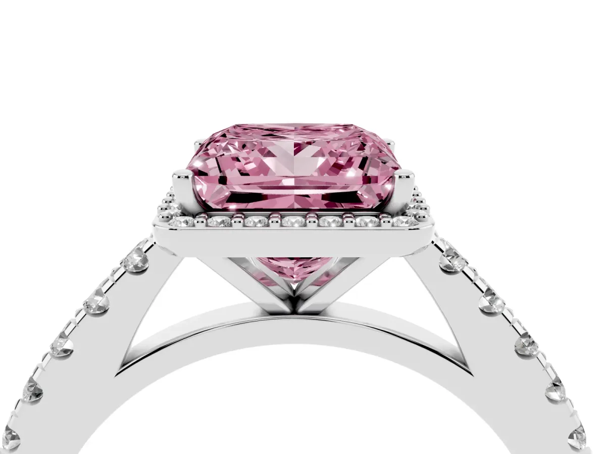 Fancy Pink Princess Cut Cut Halo Diamond Engagement Ring with Pave Band and Four-Prong Setting Platinum