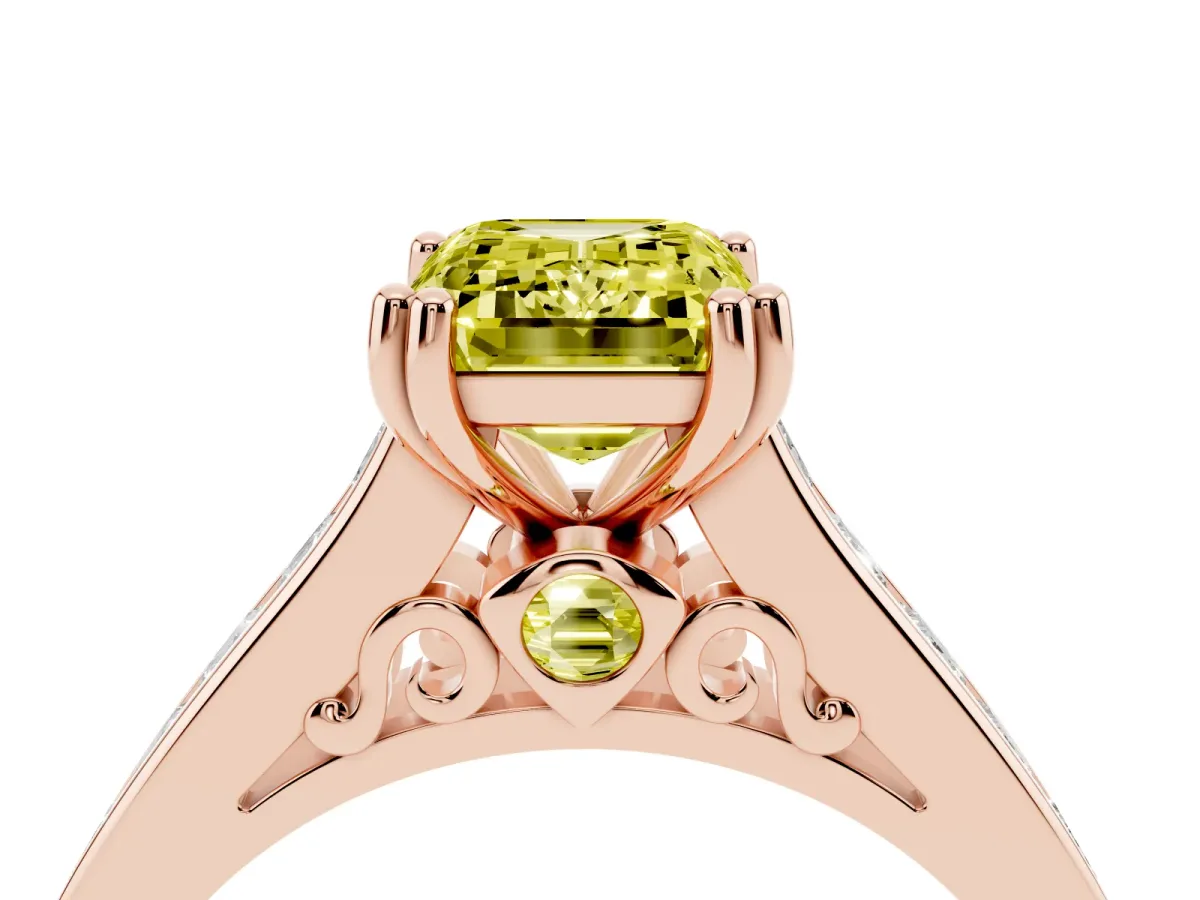 Fancy Yellow Emerald Cut Cut Channel Set Solitaire Engagement Ring with Prong Setting Rose gold
