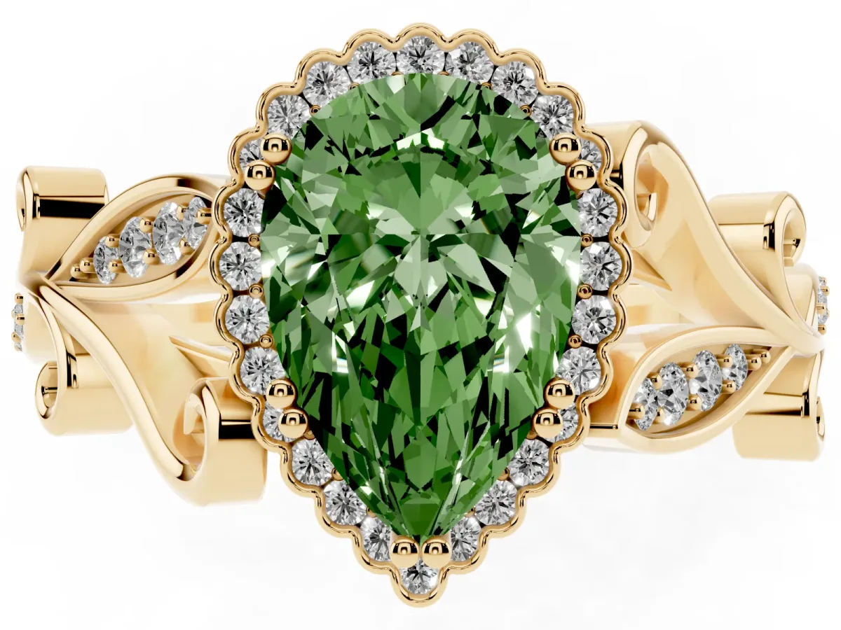 Fancy Green Pear Cut Diamond Halo Ring with Vintage Split Shank and Four-Prong Setting Yellow gold