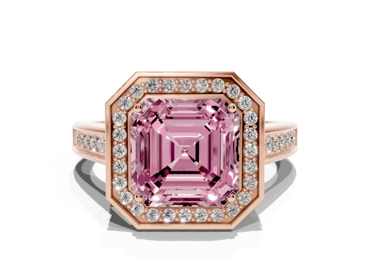 Fancy Pink Asscher Cut Halo Solitaire Diamond Ring with Pave Band and Bezel Setting Rose gold