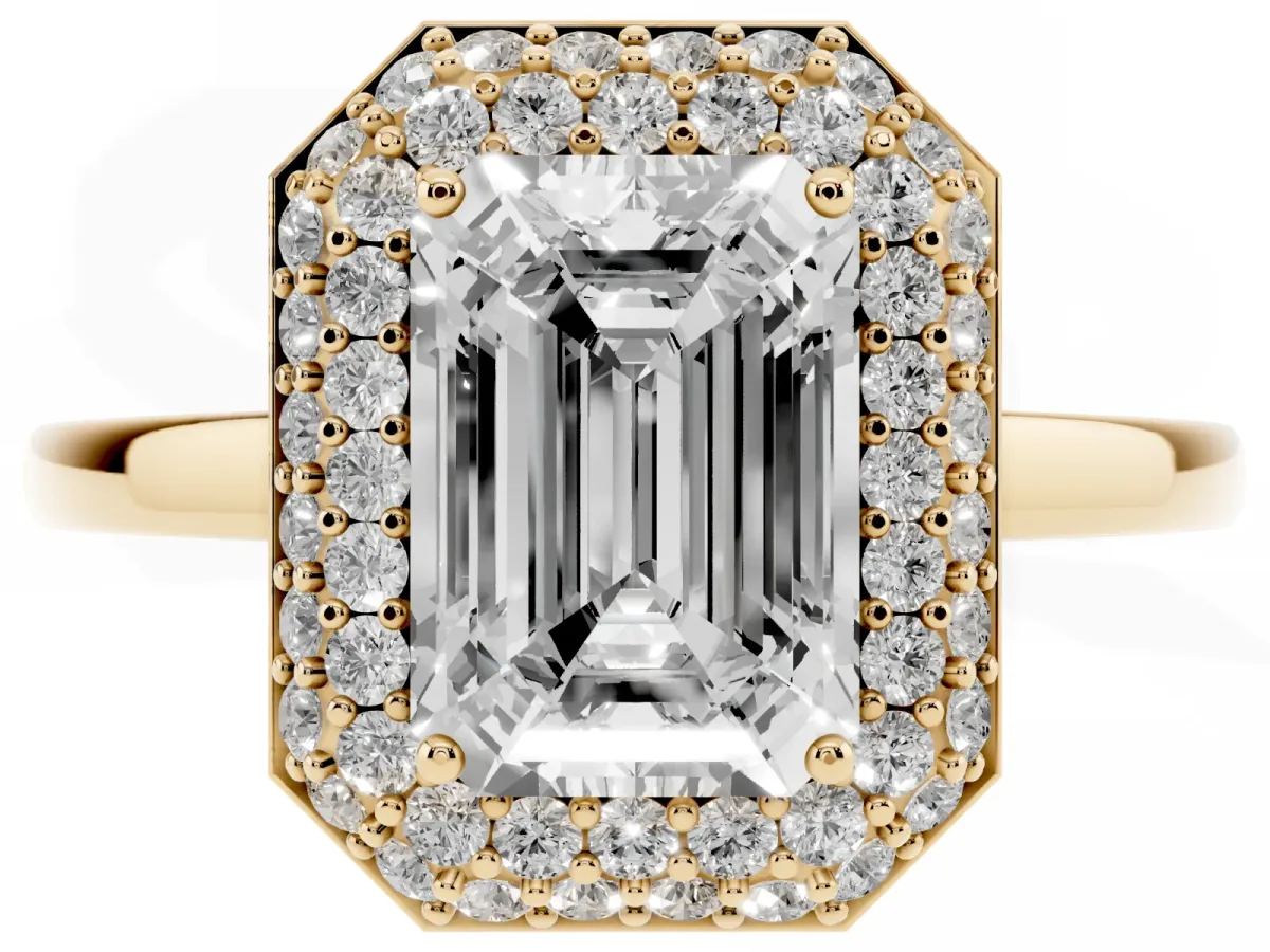 Emerald Cut Halo Diamond Engagement Ring with Solitaire Band and Four-Prong Setting Yellow gold