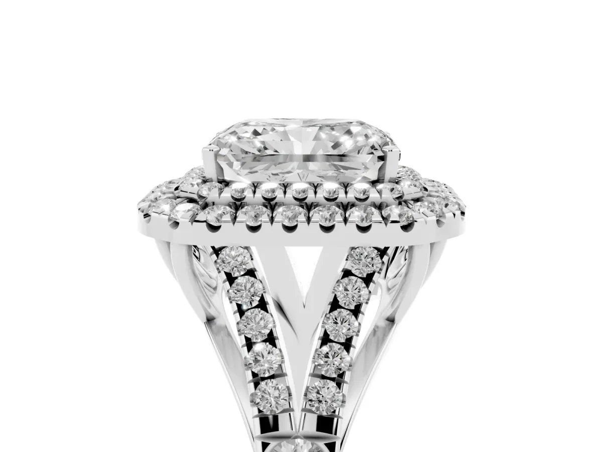 Radiant Cut Cut Double Halo Split Shank Diamond Ring with Prong Setting Silver