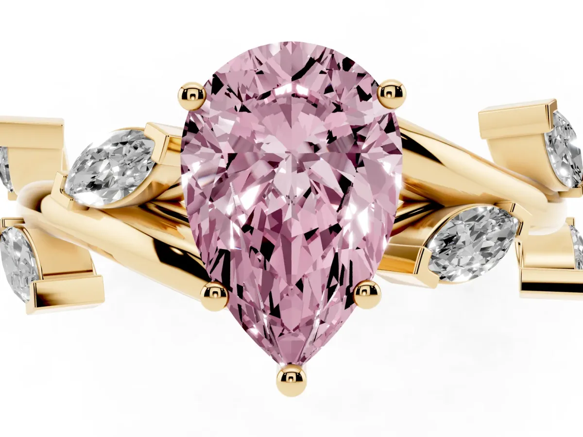 Fancy Pink Pear Cut Solitaire Twisted Band Marquise Accent Prong Setting Ring Yellow gold
