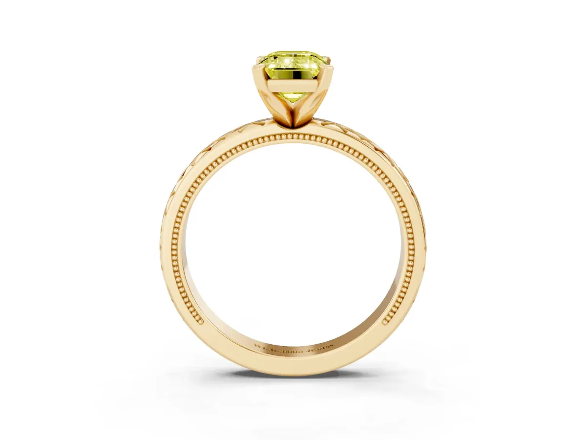 Fancy Yellow Emerald Cut Solitaire Diamond Ring with Milgrain and Black Enamel X Pattern Band Yellow gold
