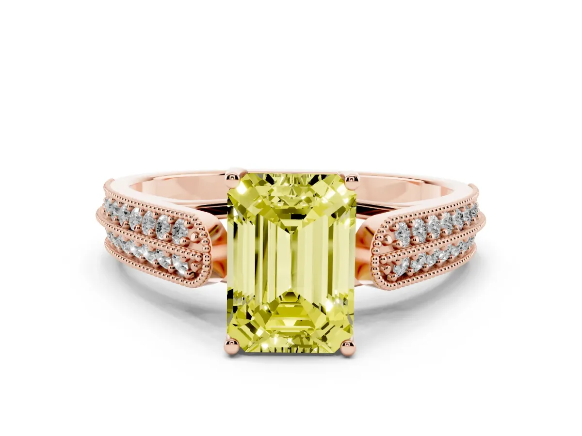 Fancy Yellow Emerald Cut Cut Pave Split Shank Engagement Ring with Four-Prong Setting Rose gold
