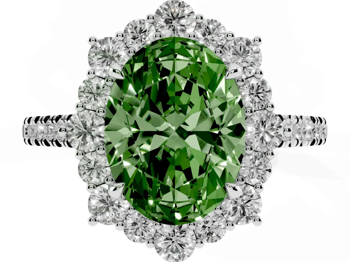 Fancy Green Oval Cut Halo Diamond Ring with Pavé Band and Prong Setting Silver