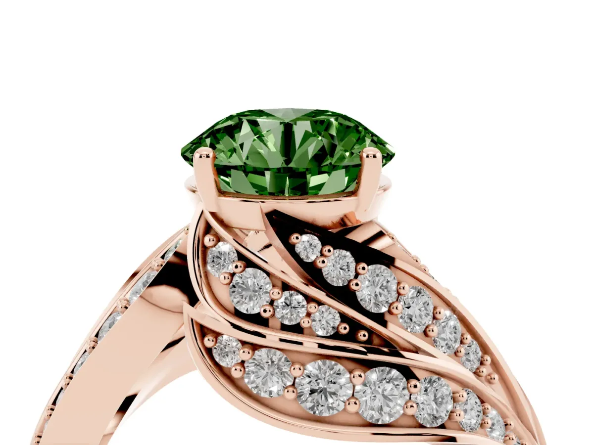 Fancy Green Round Cut Diamond Solitaire Ring with Prong Setting and Twisted Pavé Band Rose gold