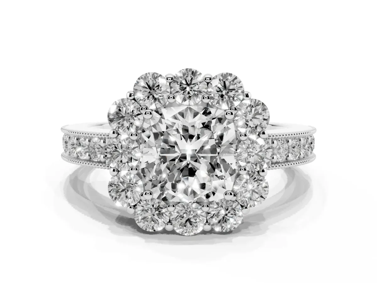 Cushion Cut Cut Halo Diamond Pavé Engagement Ring with Milgrain Detailing Silver