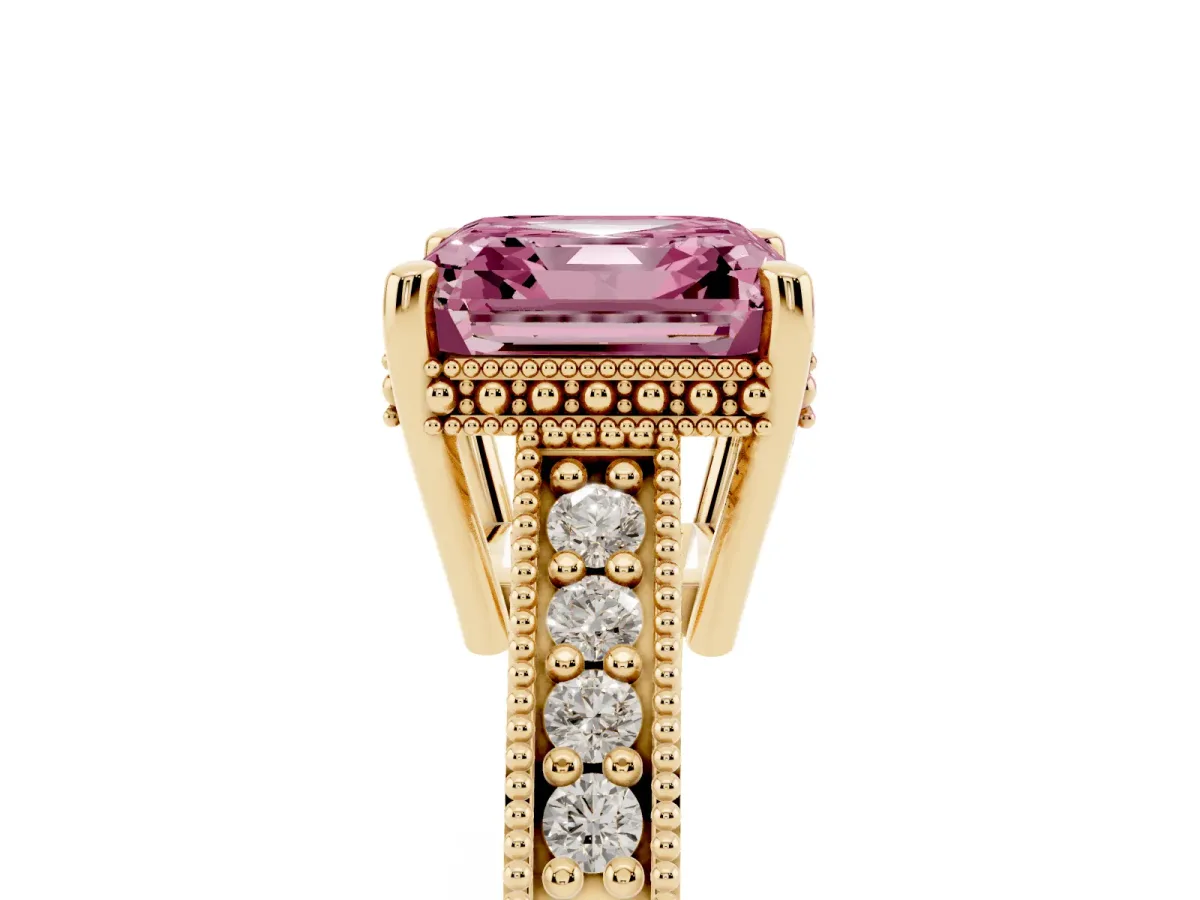 Fancy Pink Asscher Cut Solitaire Pavé Diamond Milgrain Engagement Ring with Four-Prong Setting Yellow gold