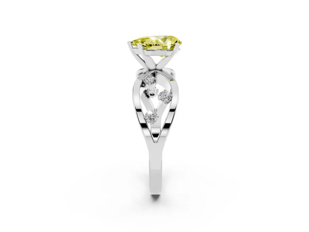 Fancy Yellow Pear Cut Cut Solitaire Diamond with Side Stones on Criss-Cross Band and Four-Prong Setting Silver