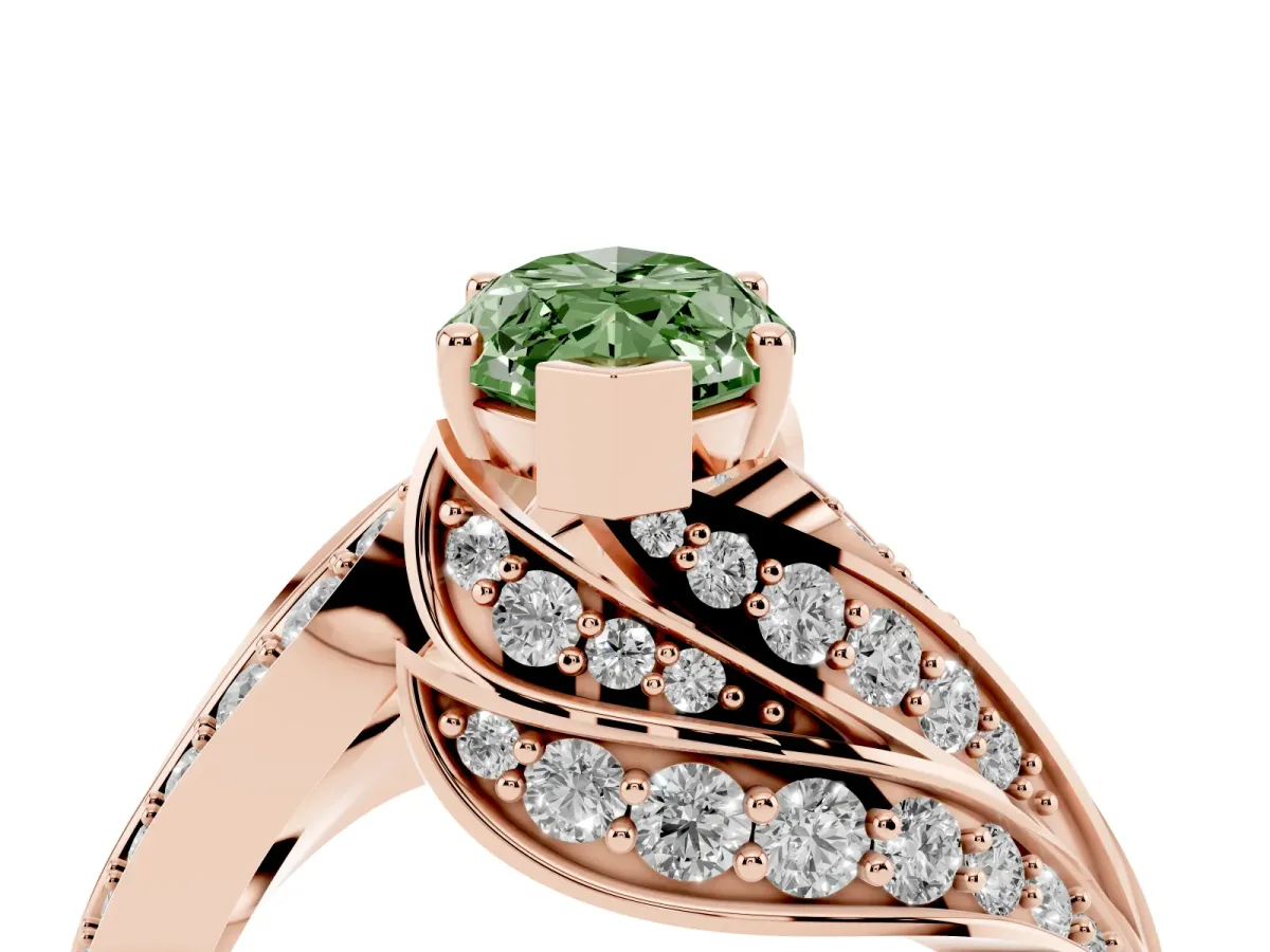 Fancy Green Marquise Cut Diamond Solitaire Ring with Prong Setting and Twisted Pavé Band Rose gold