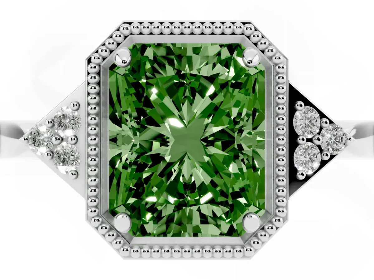 Fancy Green Radiant Cut Diamond Halo Ring with Tapered Band and Four-Prong Setting Platinum