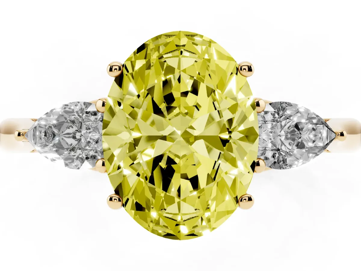 Fancy Yellow Oval Cut Diamond Three-Stone Ring with Pear Side Stones and Prong Setting Yellow gold