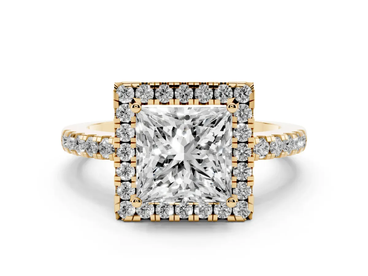 Princess Cut Halo Diamond Engagement Ring with Pavé Band and Four-Prong Setting Yellow gold