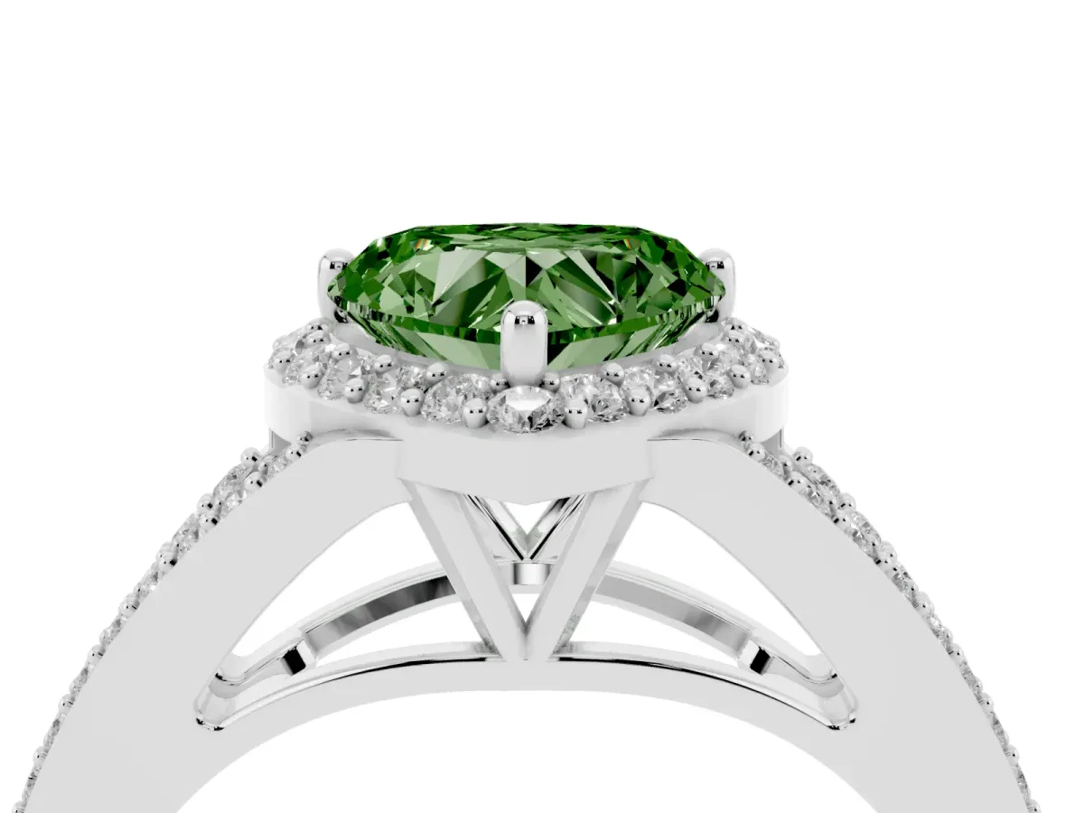Fancy Green Heart Cut Halo Split Shank Diamond Ring with Prong Setting White gold