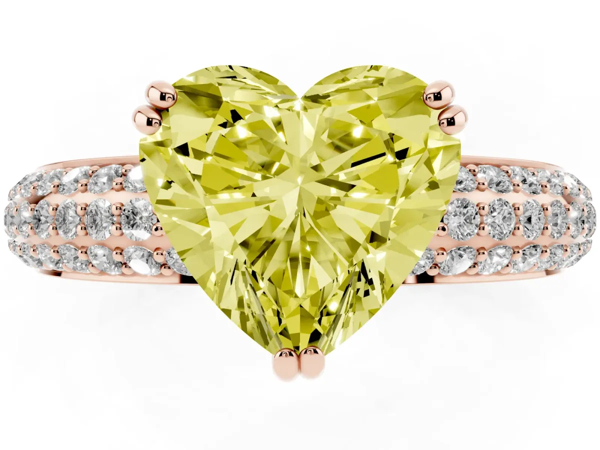 Fancy Yellow Heart Cut Diamond Solitaire Ring with Multi-Row Round Pavé Band and Prong Setting Rose gold