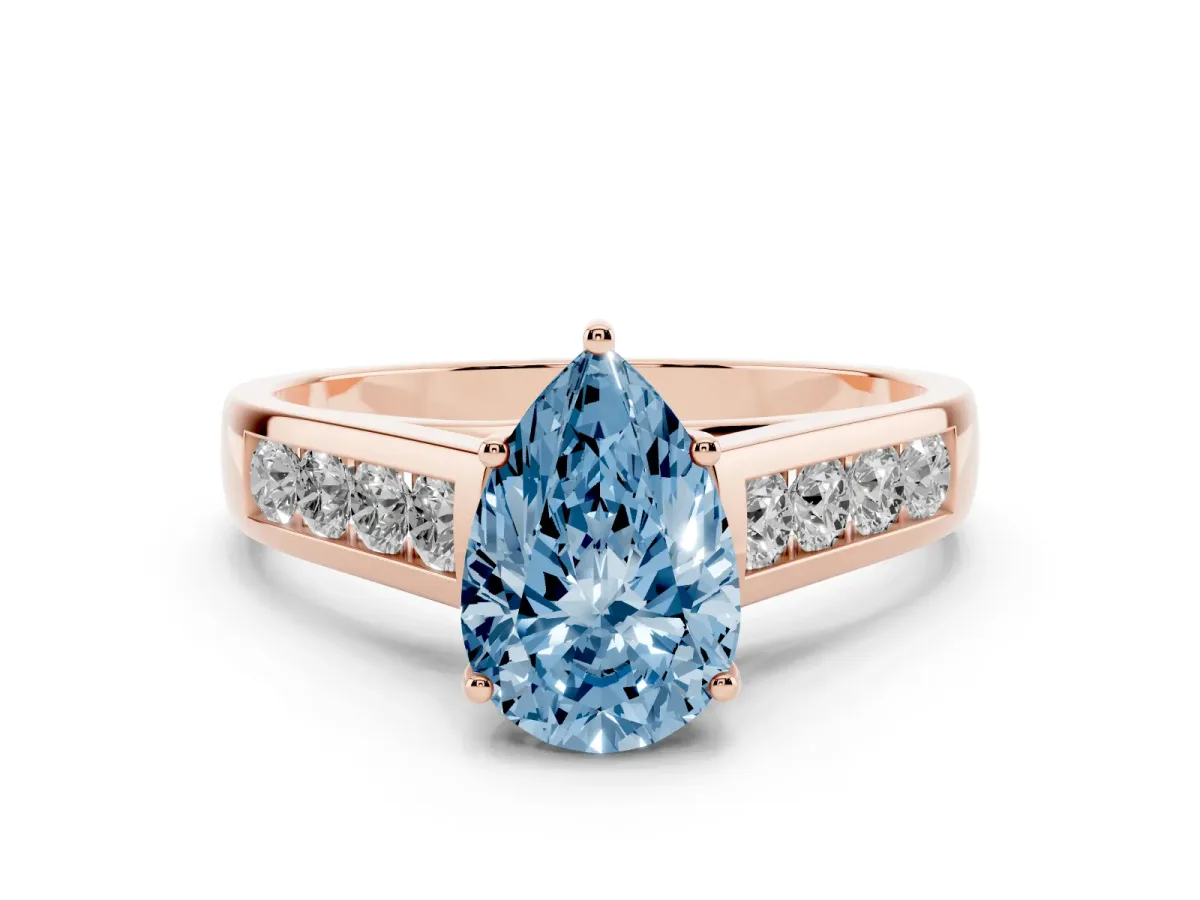 Fancy Blue Pear Cut Brilliant Channel-Set Solitaire Ring with Four-Prong Setting Rose gold