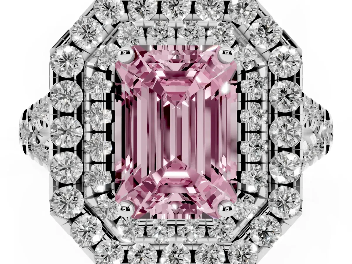 Fancy Pink Double Halo Emerald Cut Diamond Pavé Split Shank Ring with Prong Setting White gold