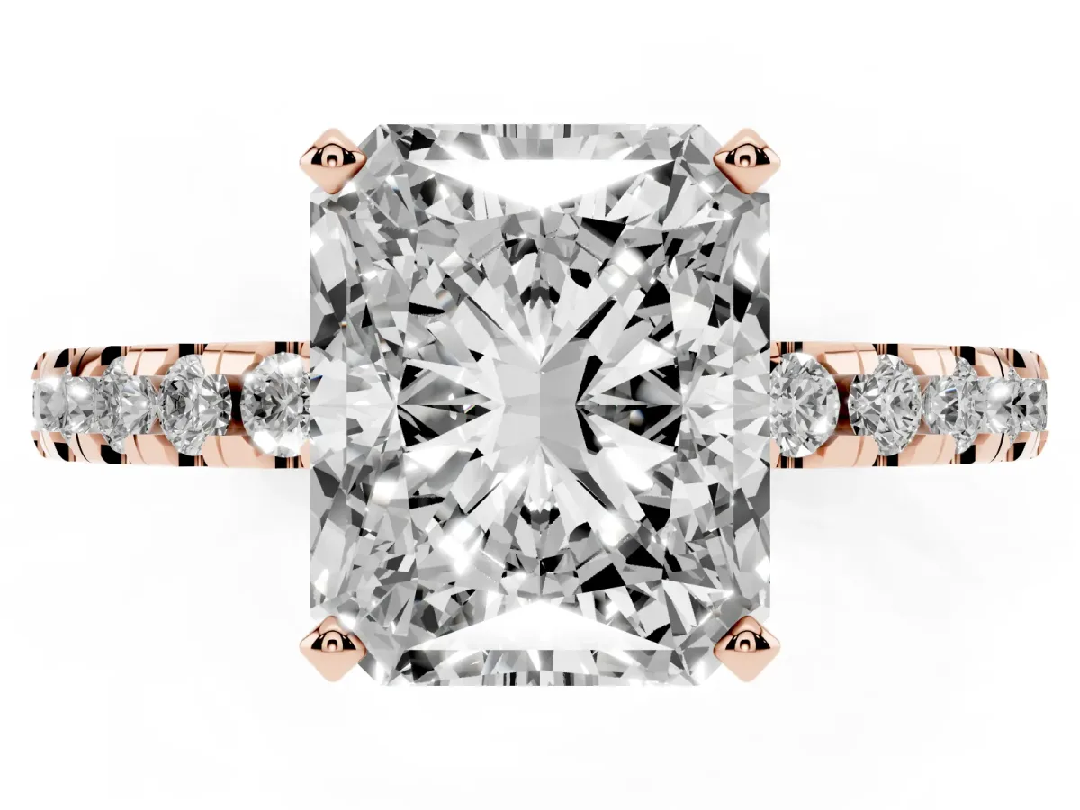 Radiant Cut Diamond Solitaire Ring with Round Pavé Band and Four-Prong Setting Rose gold