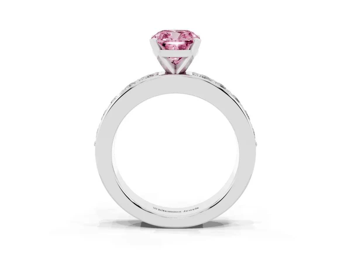 Fancy Pink Cushion Cut Diamond Engagement Ring with Channel Set Round Band and Prong Setting White gold