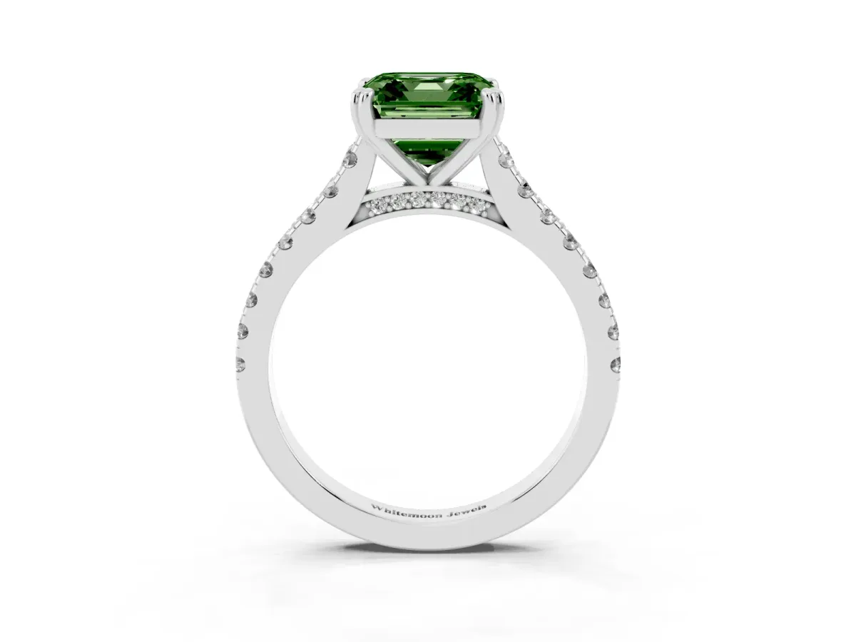 Fancy Green Asscher Cut Solitaire Pave Diamond Engagement Ring with Prong Setting Silver