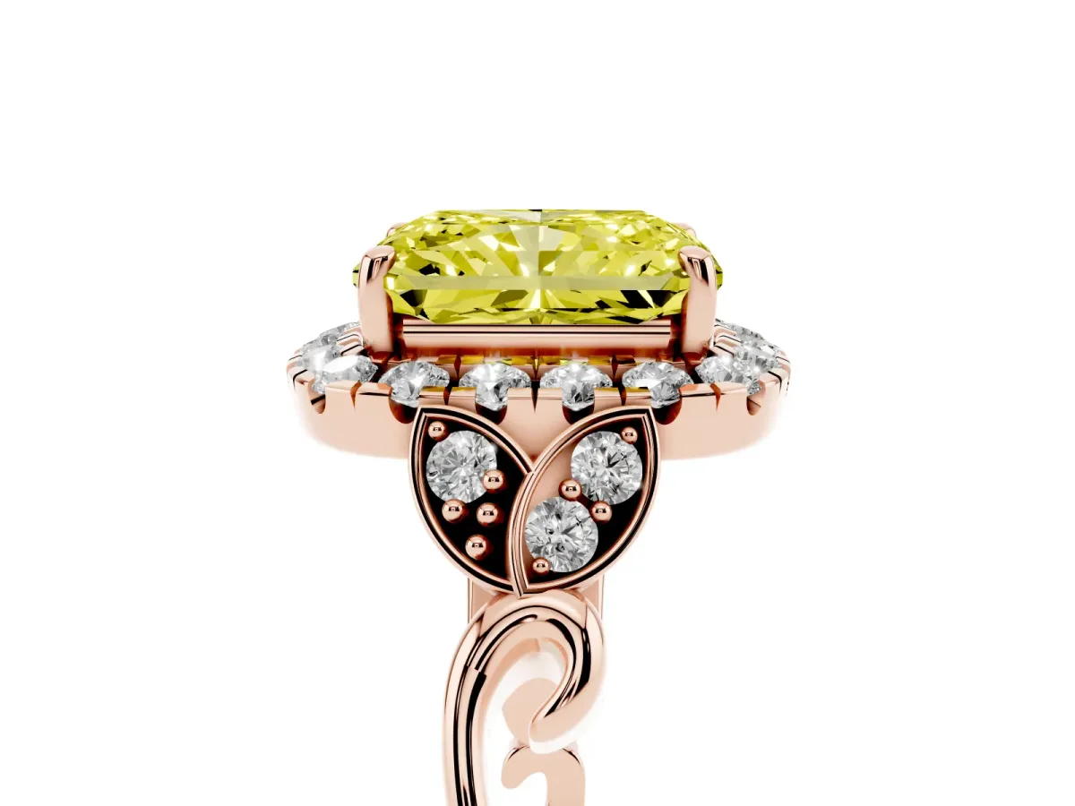 Fancy Yellow Radiant Cut Halo Diamond Engagement Ring with Vintage-Inspired Band and Four-Prong Setting Rose gold