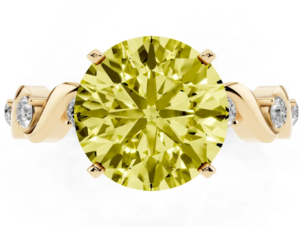 Fancy Yellow Round Cut Diamond Solitaire Twisted Band with Round Accents and Prong Setting Yellow gold
