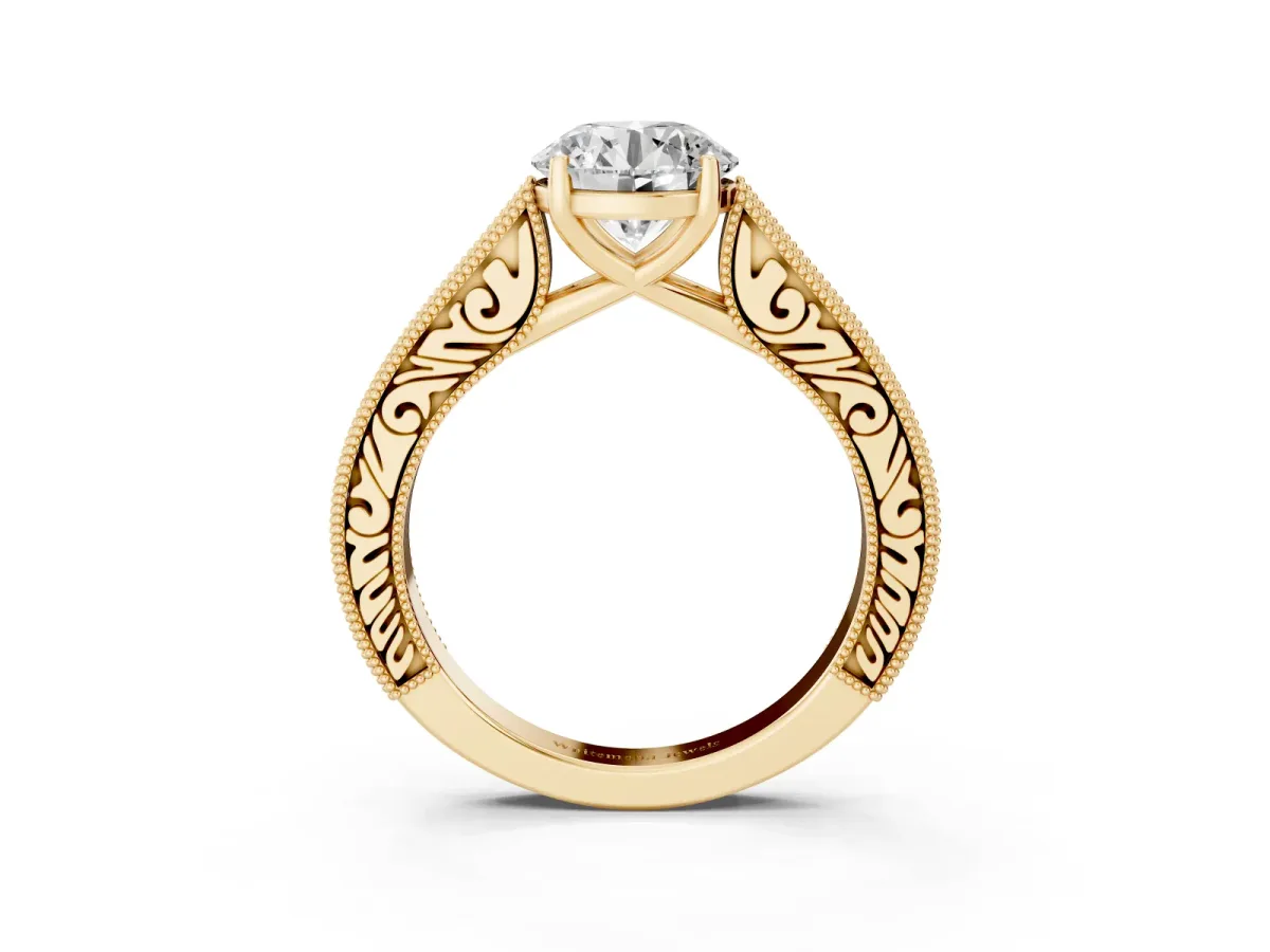 Round Cut Cut Pave Band Milgrain Solitaire Ring Yellow gold