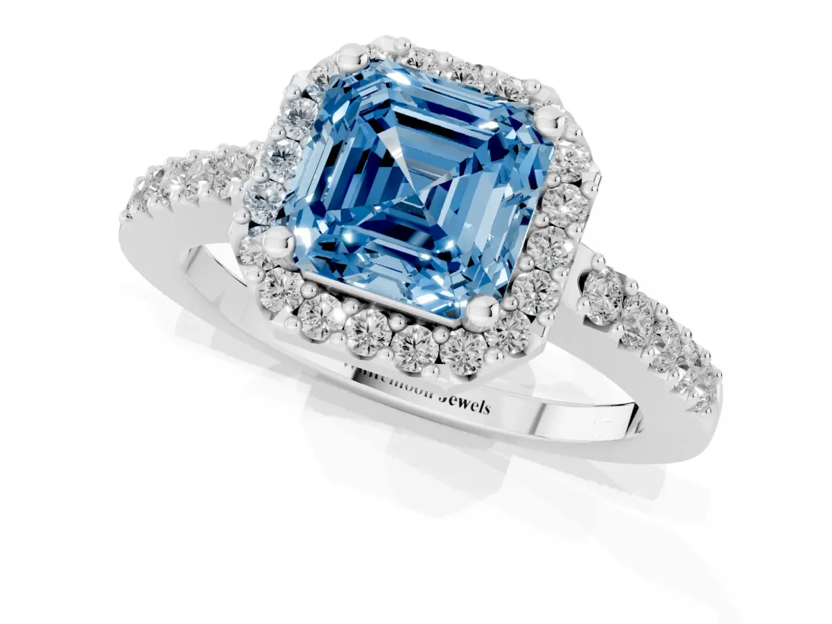 Fancy Blue Asscher Cut Halo Diamond Pavé Solitaire Ring Platinum