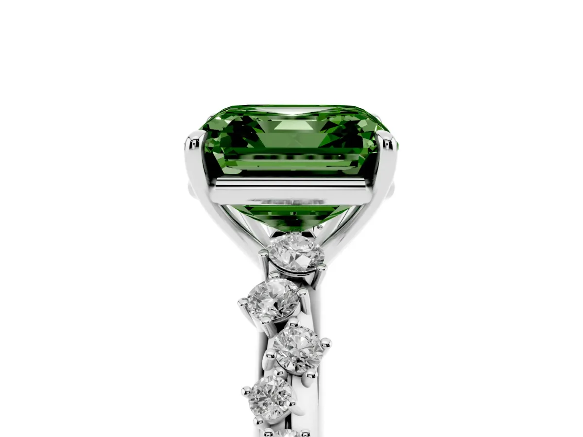 Fancy Green Asscher Cut Diamond Cluster Side Stone Solitaire Ring with Prong Setting Platinum