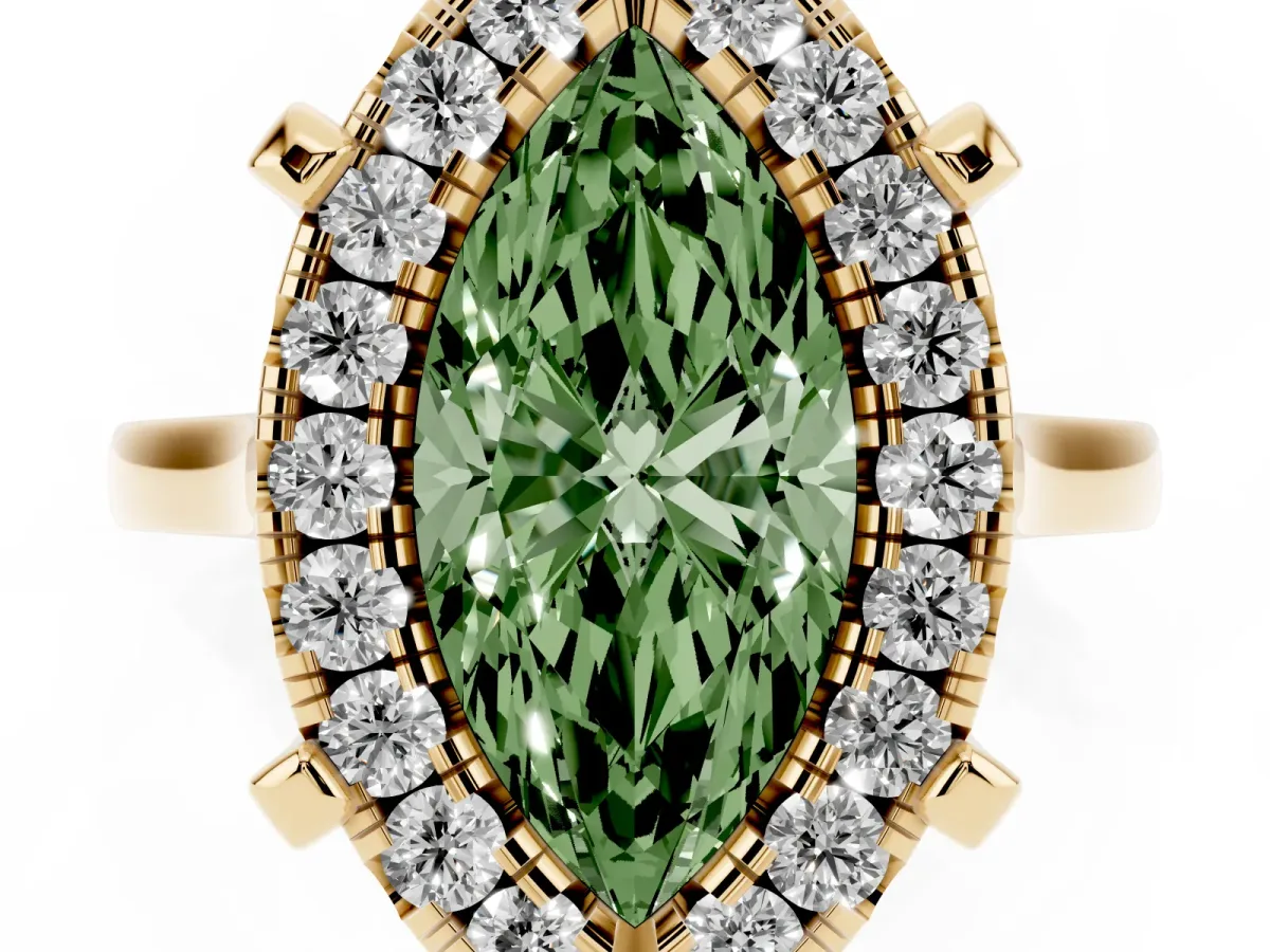 Fancy Green Marquise Cut Diamond Cluster Halo Solitaire with Four-Prong Setting Yellow gold