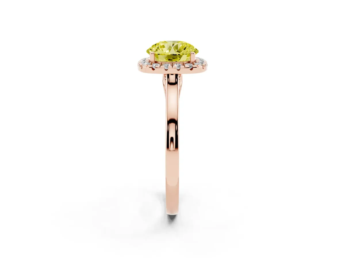 Fancy Yellow Round Cut Halo Round Diamond Solitaire Ring with Pavé Band and Four-Prong Setting Rose gold
