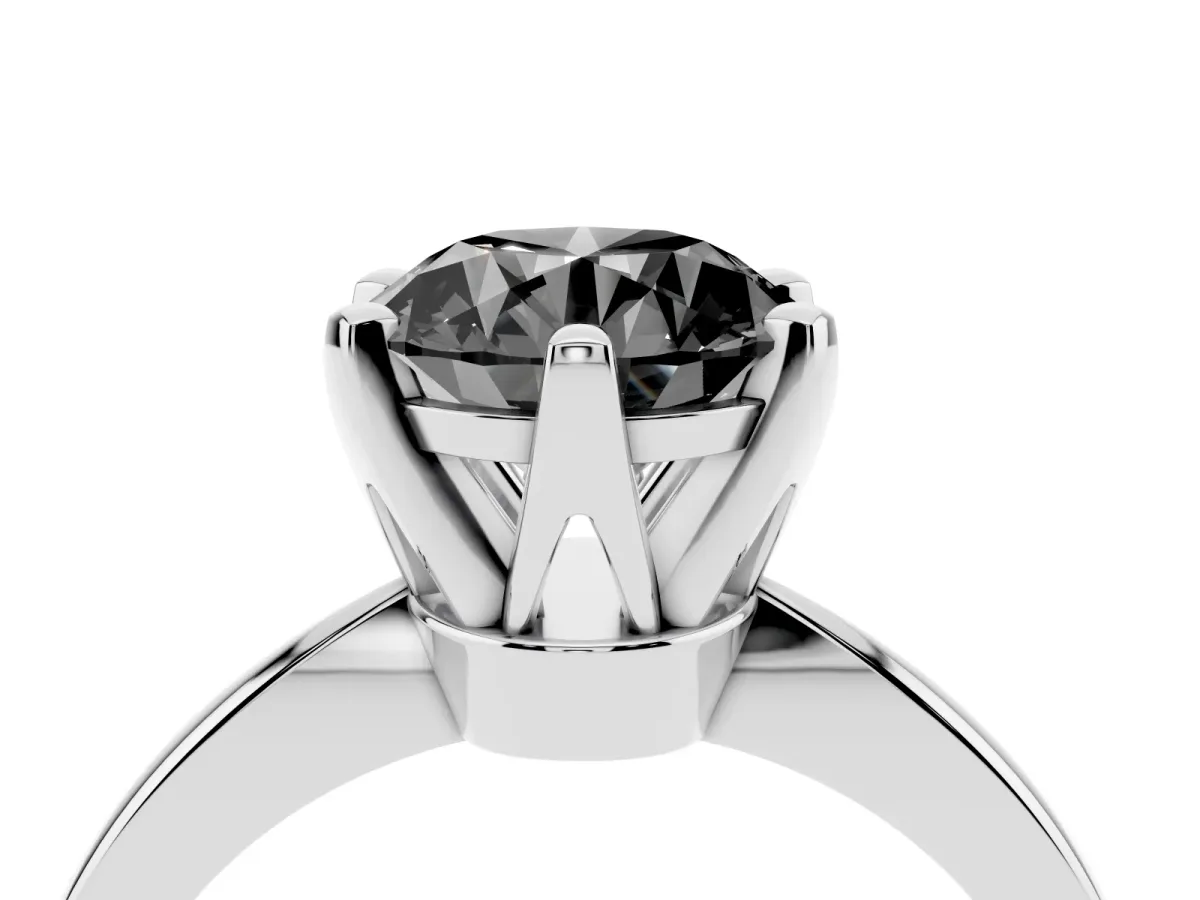 Fancy Black Round Cut Solitaire Engagement Ring with Six-Prong Setting and Tapered Band White gold
