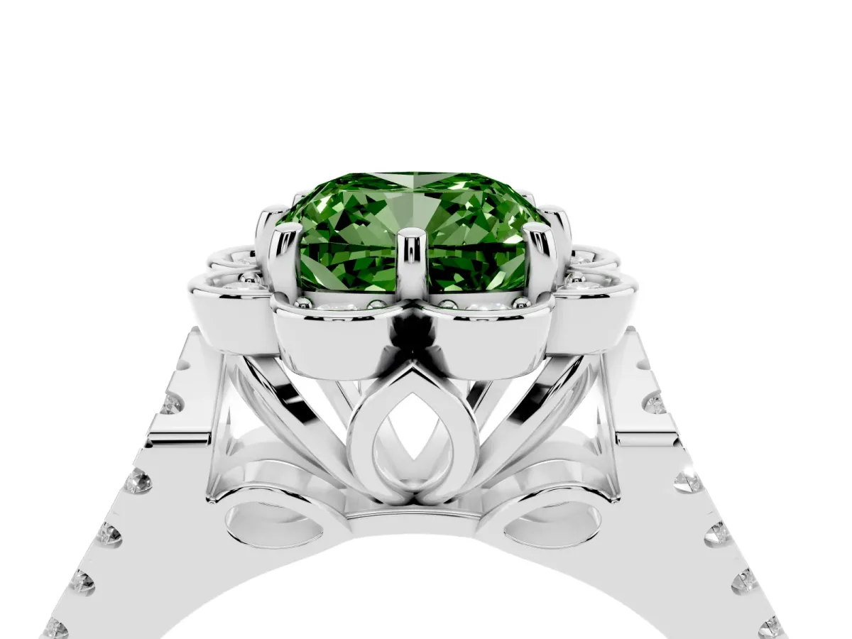 Fancy Green Cushion Cut Halo Diamond Floral Split Shank Engagement Ring Silver