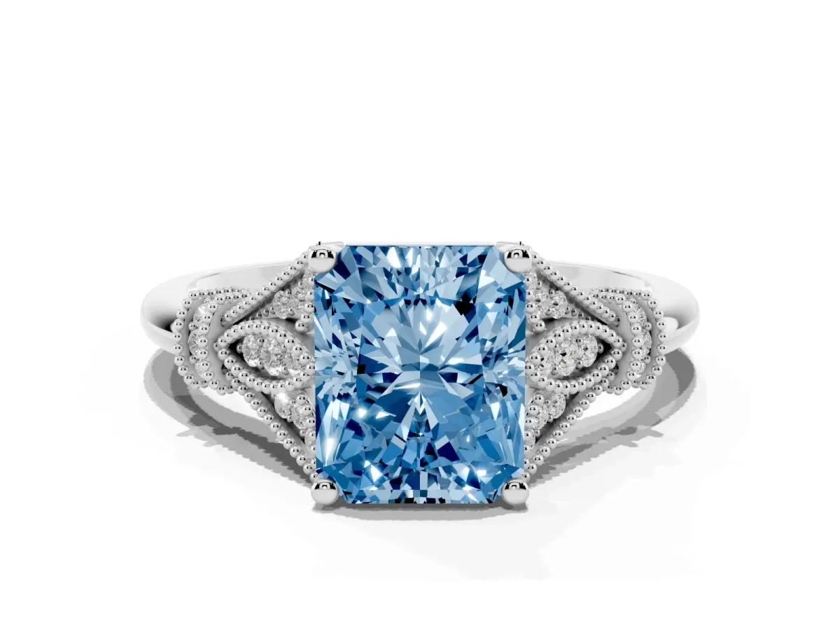 Fancy Blue Radiant Cut Diamond Solitaire Ring with Floral Filigree and Pave Accents White gold