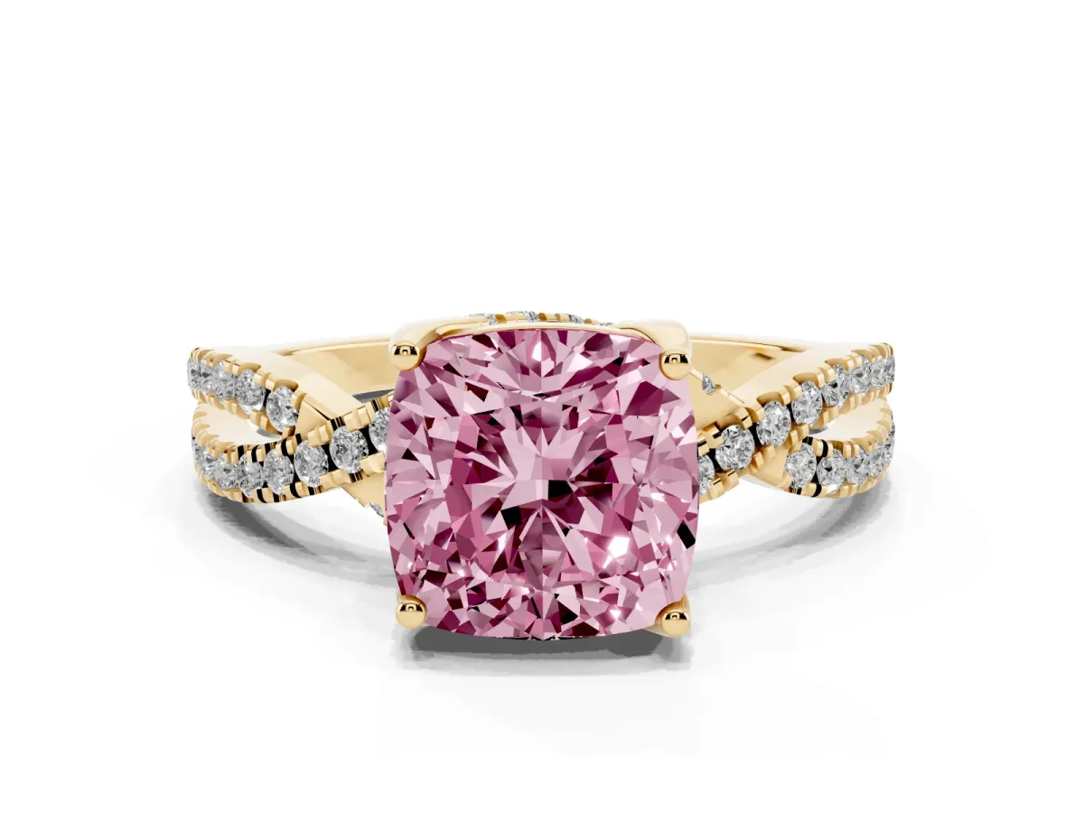 Fancy Pink Cushion Cut Solitaire Twist Pave Diamond Engagement Ring with Prong Setting Yellow gold