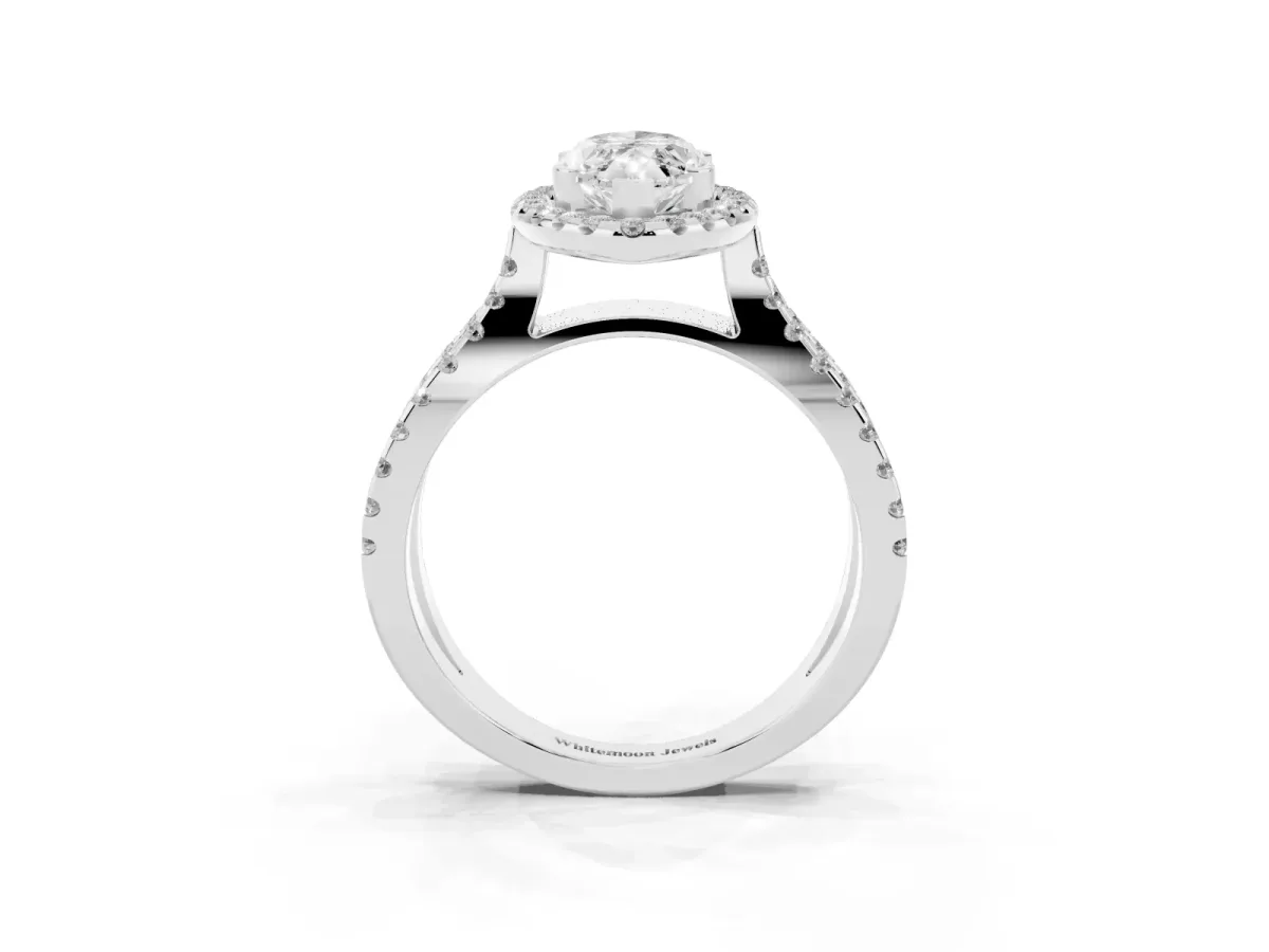 Marquise Cut Diamond Halo Ring with Split Shank Pavé Band and Prong Setting Silver
