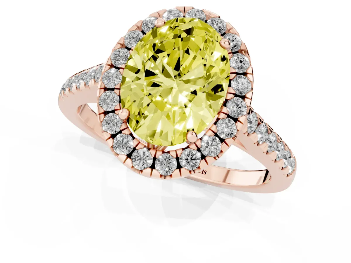 Fancy Yellow Oval Cut Halo Pavé Diamond Engagement Ring with Four-Prong Setting Rose gold