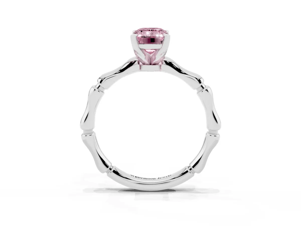 Fancy Pink Emerald Cut Solitaire Diamond Ring with Bamboo Band and Four-Prong Setting Silver
