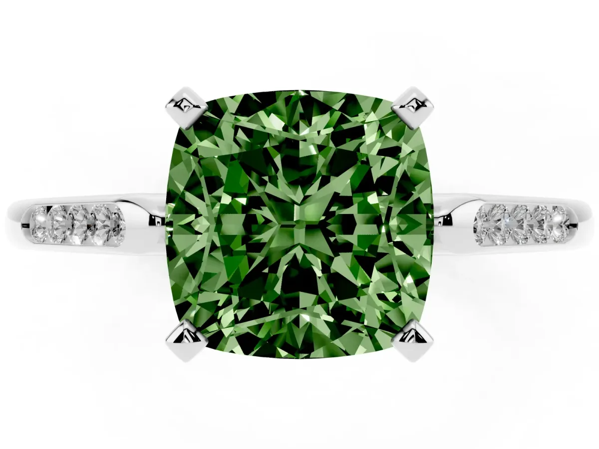 Fancy Green Cushion Cut Diamond Solitaire Ring with Channel Set Round Band and Prong Setting Silver