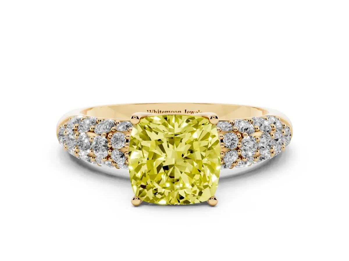 Fancy Yellow Cushion Cut Diamond Pavé Band Solitaire Ring with Four-Prong Setting Yellow gold