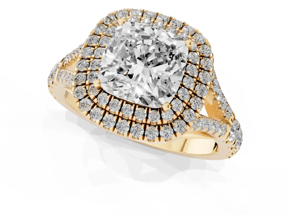 Cushion Cut Diamond Pavé Split Shank Double Halo Engagement Ring Yellow gold