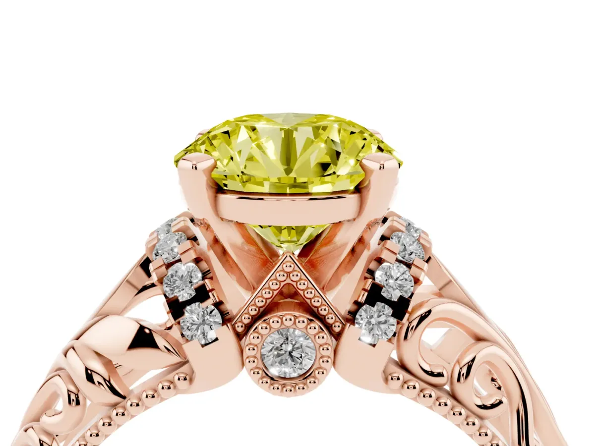 Fancy Yellow Round Cut Solitaire Filigree Engagement Ring with Halo and Prong Setting Rose gold