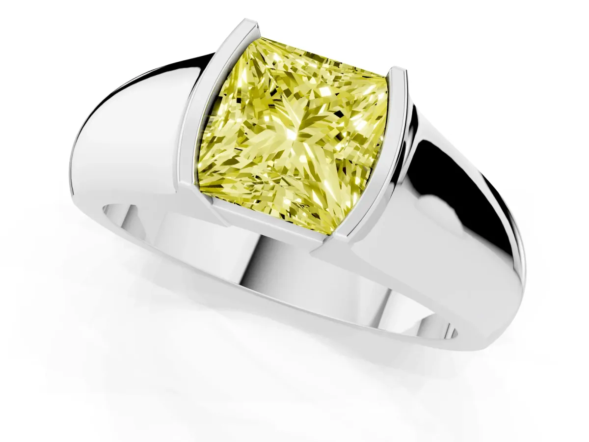 Fancy Yellow Princess Cut Solitaire Bezel Set Diamond Ring with Wide Band Platinum
